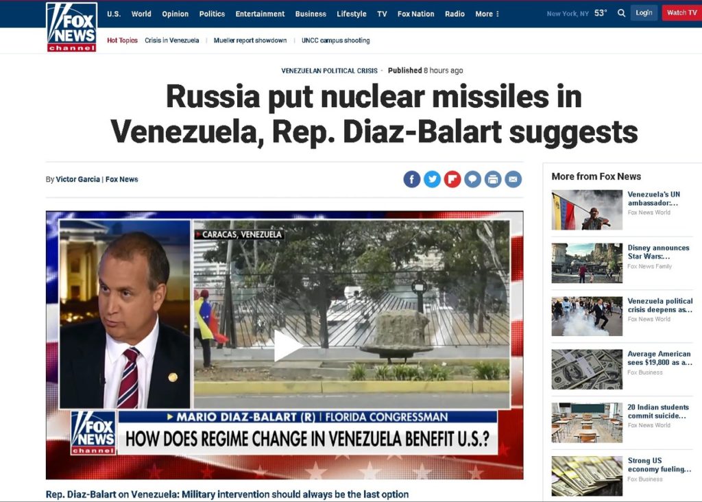 Fox News: US Congressman Specualtes Russia May Have Nuclear Missiles In Venezuela