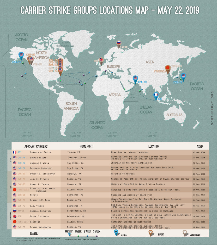 Locations Of US, British, Chinese, French And Russian Aircraft Carriers – May 22, 2019