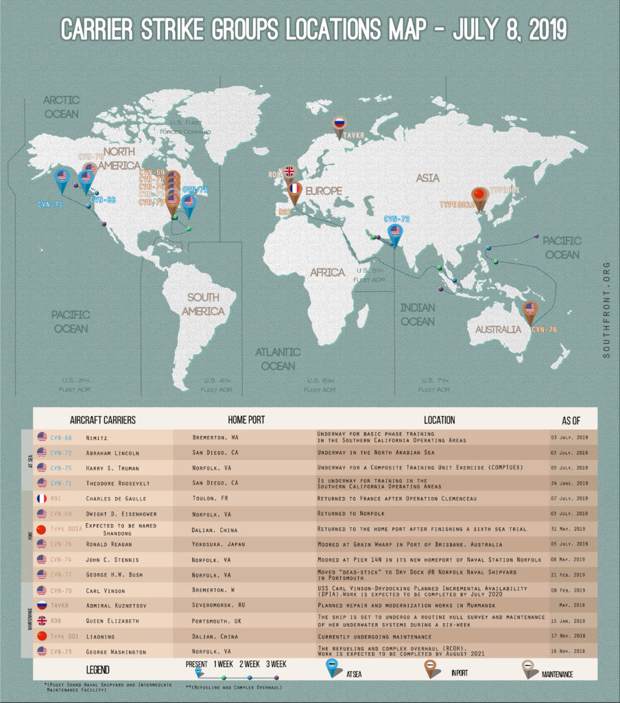 Locations Of US, British, Chinese, French And Russian Aircraft Carriers – July 8, 2019