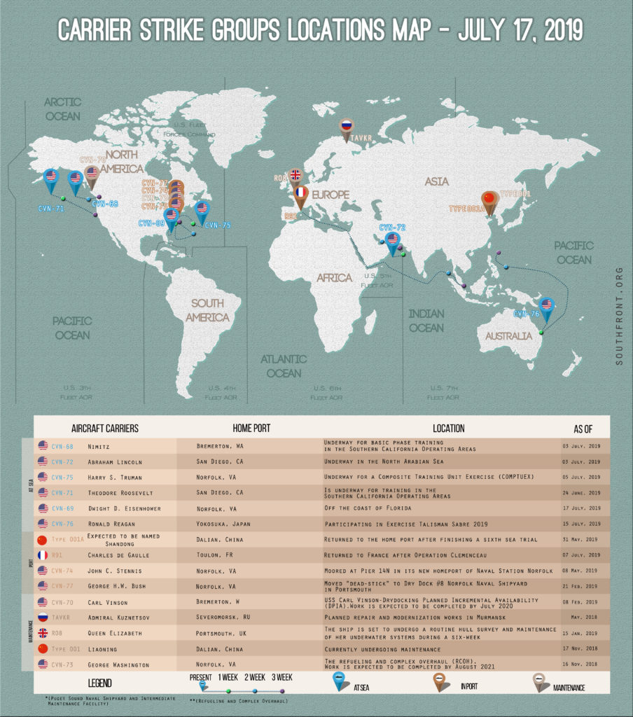 Locations Of US, British, Chinese, French And Russian Aircraft Carriers – July 17, 2019