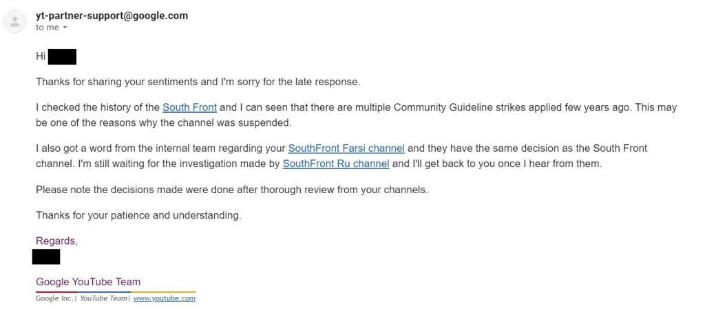 SouthFront Censorship On YouTube - Support Team Strikes Back