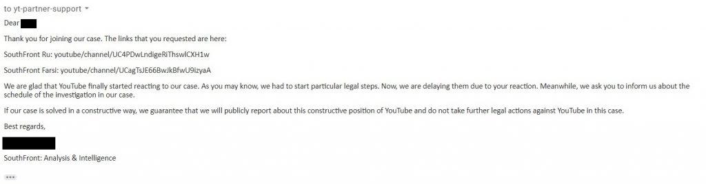 SouthFront Censorship On YouTube - Support Team Strikes Back