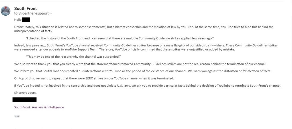 SouthFront Censorship On YouTube - Support Team Strikes Back