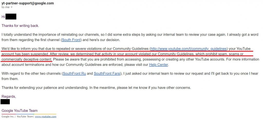 SouthFront Censorship On YouTube - Support Team Strikes Back