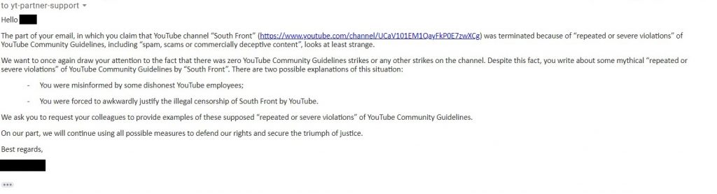 A New Episode In 'SouthFront Censorship On YouTube' Series