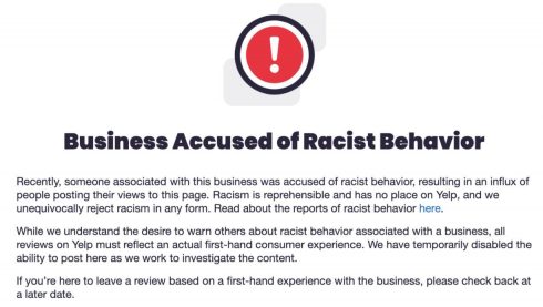 Yelp Is Now Placing "Business Accused Of Racist Behavior" Alerts On Company Pages