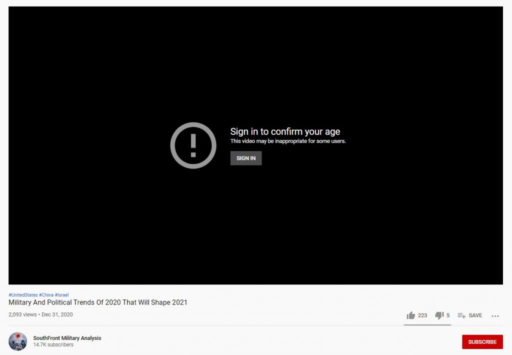 YouTube Is Censoring SF's Year End Analytical Video "Military And Political Trends Of 2020 That Will Shape 2021"