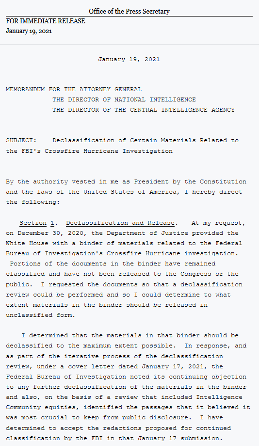 In Last Action As President, Trump Declassifies "Operation Crossfire Hurricane", RussiaGate Documents