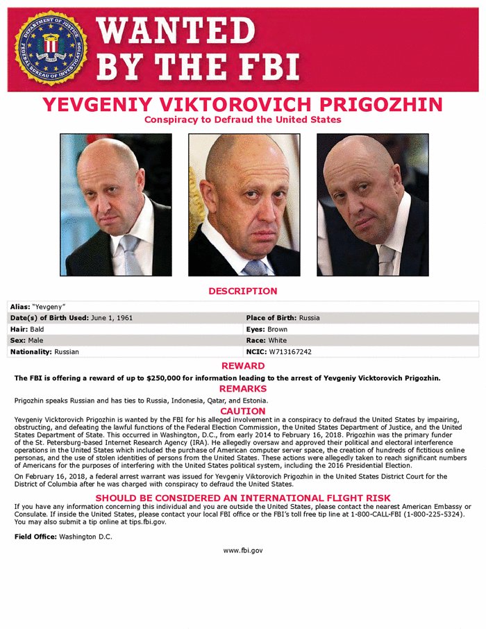 Shamed FBI Is To Greedy To Pay $250K Reward Offered For Prigozhin’s Location To Prigozhin’s Own Firm