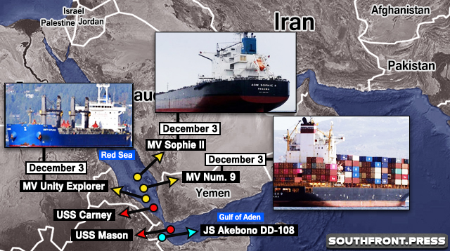 Location Of Ships Targeted By Houthi Drones And Missiles On December 3, 2023 (Map Update)